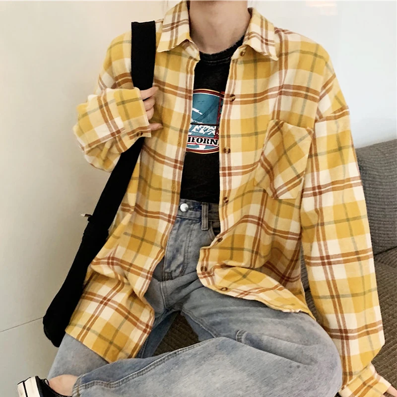

3 Color Yellow Plaid Shirts Womens Tops and Blouses Turn-down Collar Plaid Casual Loose Shirts Korea Autumn Clothes Women