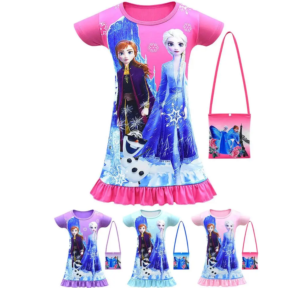 

Frozen Cartoon Night Dress Long Short Sleeve Ruffle Bag Two Piece Set