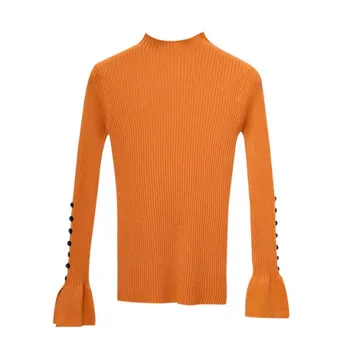 

Women Autumn Winter Solid Color Slim Bell Sleeved Half High Collar Slim Bottom Knit Sweater 5 Colors