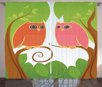 

Multicolor Owls Curtains 2 Animal Trees Looking at Each Other Big Eyes Bedroom Window Drapes
