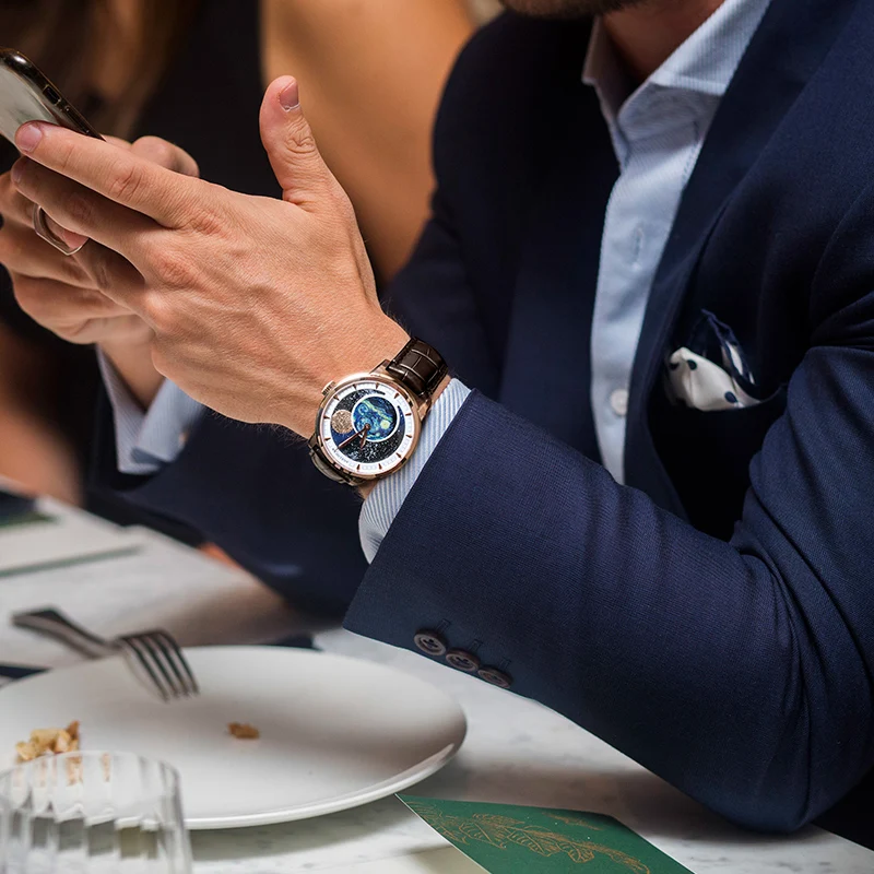 AGELOCER Original Astronomer Watch Men Gold Watch Mechanical Automatic Moonphase Watch Diamond Watch Birthday Gift for Men