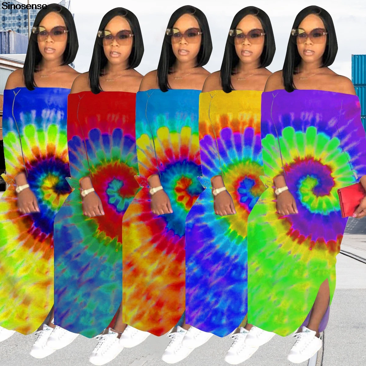 Новое осеннее платье с открытыми плечами 2019 принтом галстука длинными рукавами