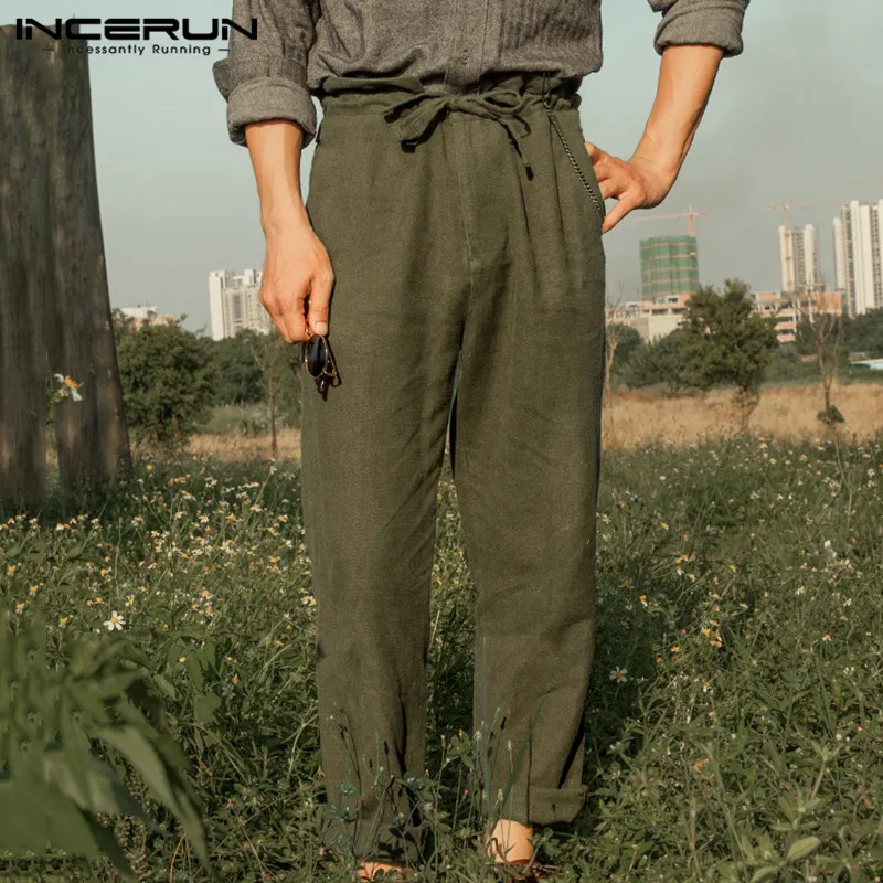 INCERUN хлопковые льняные Мужские штаны для бега винтажные свободные уличные однотонные брюки кэжуал цветные ретро брюки мужские S-5XL