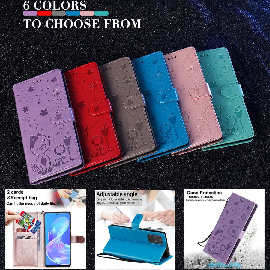 Wallet Leather Cat Bee Anti-fall Case For Samsung Galaxy A01 Core A03S A10 A11 A12 A21S A31 A32 A41 A50 A51 A52 A70 A71 A72 A82 | Мобильные