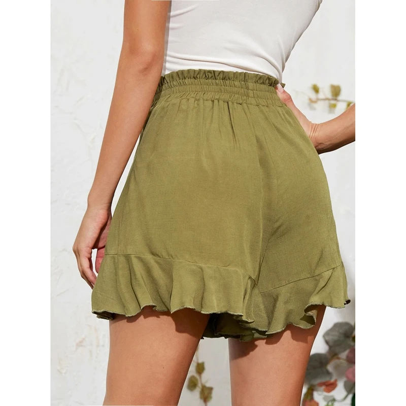 Summer Elastic High Waist Lotus Leaf Shorts Women Casual Elastic Waist Short Pants Green
