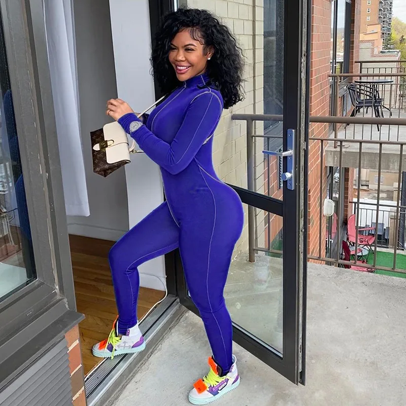 

Women Autumn Outfits Reverse Wear Design High Neck Long Sleeves Form-Fitting Jumpsuit with Zipper Open High Waist Slim Jumpsuit