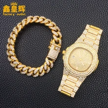 Модные мужские часы в стиле хип-хоп, ожерелье, золотые и серебряные часы, браслет, ледоубор, Кристальный кулон, комбинация ювелирных изделий
