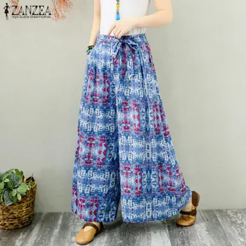 

2020 Plus Size ZANZEA Women Wide Leg Pants Autumn Elastic Waist Floral Printed Bow Tie Bohemian Flare Pantalon Trousers Female