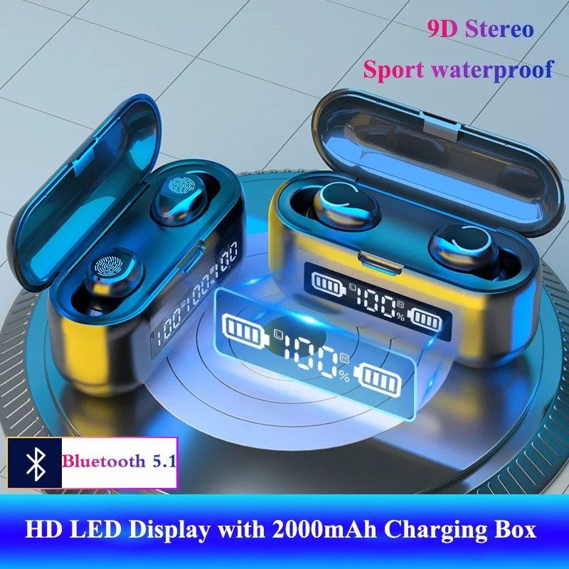 Беспроводные наушники Bluetooth V5.1 TWS 2000 мАч LED 9D стерео спортивные водонепроницаемые