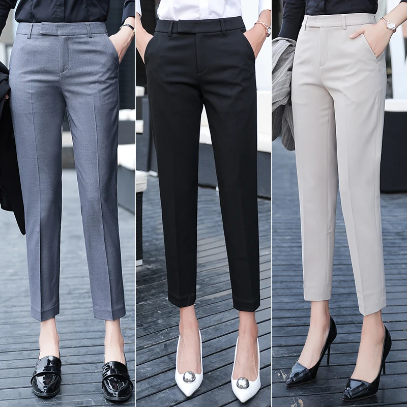 Pantalones de cintura alta para mujer, traje negro y gris, pantalones de trabajo formales a la moda, elegantes, informales y rectos