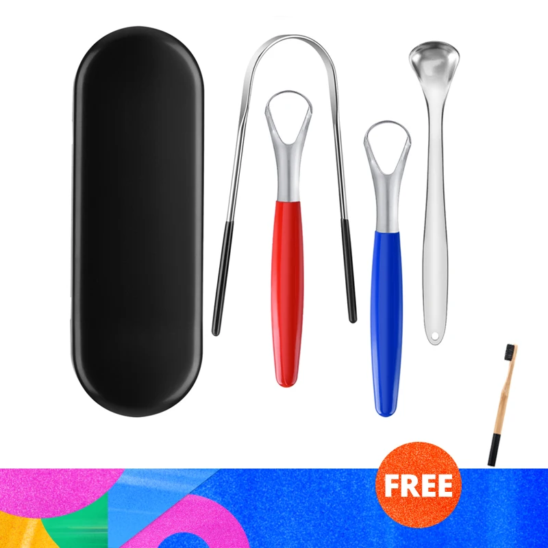 

4PCS/Set Tongue Scraper Stainless Steel Brush Cleaner Mouth Dental Oral Care Hygiene Kit with Case Gift 1PC Bamboo Toothbrush