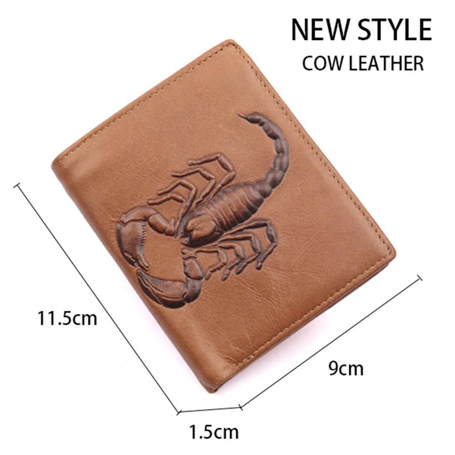 Мужской короткий кошелек из натуральной кожи с 3D узором скорпиона|leather for men|brand
