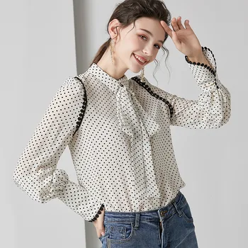 

white polka dot floral silk blouse for women high quality long sleeve plus size sexy office dress shirts clothes dropshipping