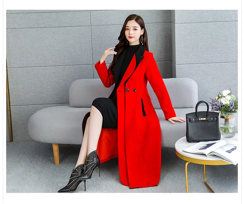 Красное шерстяное Женское пальто осень зима модная Высококачественная куртка женское плотное шерстяное пальто плюс размер 3XL офисное платье