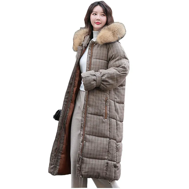 

Chic Long Plaid Fur Coat Hooded Winter Down Coat Heavy Jacket Oversize Thick Warm Cotton Padded Wadded Parkas Big Pocket