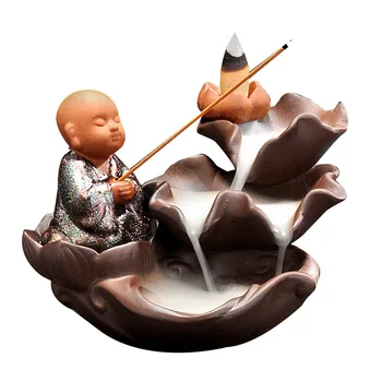 

T Creative Backflow Incense Holder Zen Ceramic Monk Set Lotus Burner for Incense Sticks Base Tearoom Ornaments for Home Decor