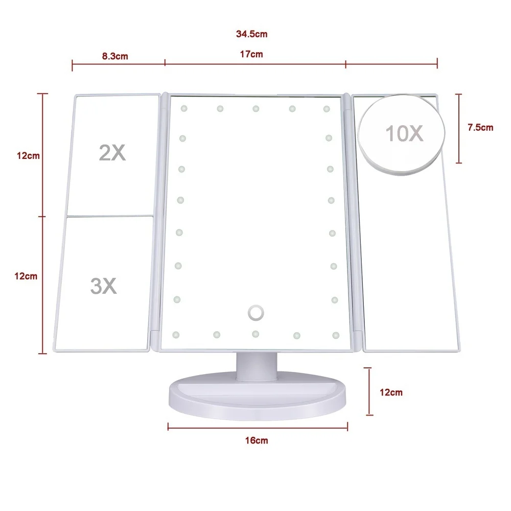 Светодиодный сенсорный экран зеркало для макияжа 22 светодиодный светильник настольное зеркало для макияжа 1X/2X/3X/10X увеличительное косметическое 3 складное регулируемое зеркало