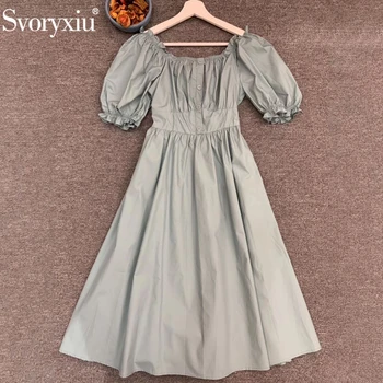 

Svoryxiu Runway Designer Women Summer Solid Off Shoulder Office Work Dress Ladies Slash Neck Draped Elegant Midi Dresses