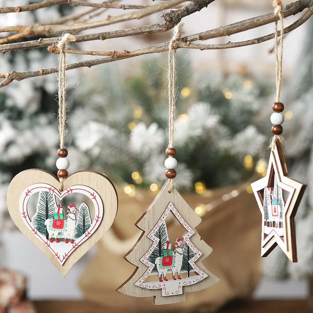

Creative Christmas Decor Home Embellishment Xmas Tree Hollow Wooden Hanging Pendant Lama Alpaca Christmas Tree Drop Ornaments