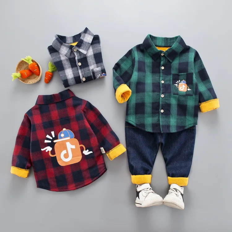 

2019 Fashion Winter Children Baby BOY'S Plaid Shirt Korean-style Douyin Symbol Brushed And Thick Shirt Set
