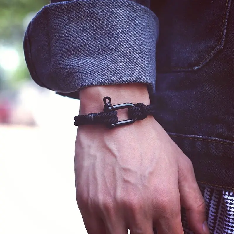 Stainless Steel Mens Rope Bracelet with U Shaped Buckle