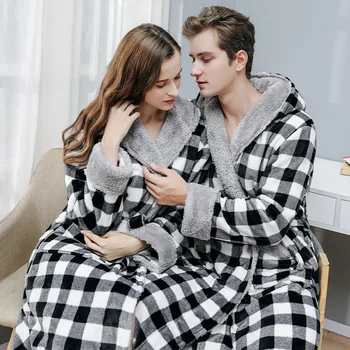 

Winter Warm Kimono Gown Couple Bathrobe Plaid Thicken Flannel Nightwear Male Sleepwear Hooded Coral Fleece Homewear Nightgown