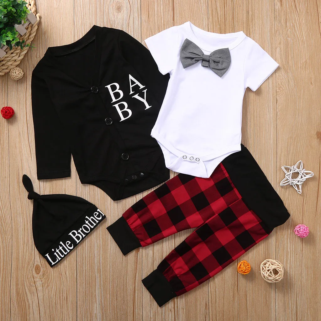 

Kids Boys Clothes Cotton Full Sleeve Solid Bodysuit Letter Coat Plaid Pants Outfits Kids Winter Clothes roupas infantis menina