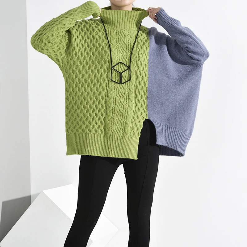 LANMREM 2020 new spring turtleneck batwing sleeves knits pullover loose contrast colors sweater female clothing PB59101 | Женская одежда