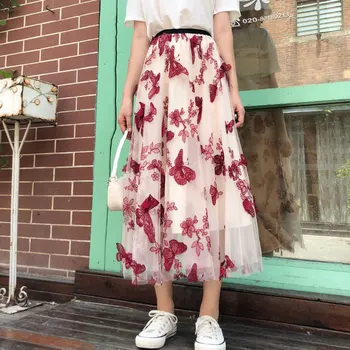 

3D Butterfly Lace Skirt Women High Waist Eembroidered Mesh Long Skrit Female Fashion Elegant Midi Tulle Skirt School Wear Saia