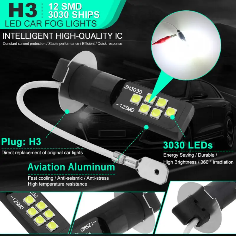 hid lights for car 2pcs H3 LED Fog Light Bulb DC12V 3030 SMD 6000K White Car Fog Light High Bright DRL Driving Lamp Built-in High Quality Ic hid lights for car