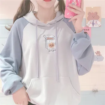 

New Spring Harajuku Cute Women Sweatshirt Girl Macaron Color Stitching Hoody Cartoon Embroidery Pullover Kawaii Sweatshirt Tops