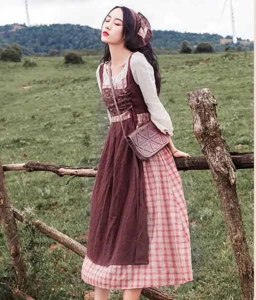 Goede Gratis Verzending Hoge Kwaliteit 2019 Nieuwe Collectie Ronde Kraag Lange Mouwen Plaid Kleur Blok Vrouw Lange Katoenen Jurk