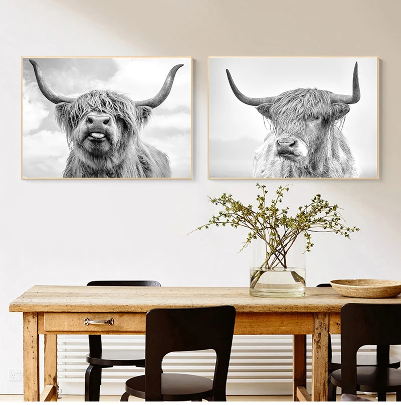 Черно-белая картина с изображением яка Highland Cow Wild рисунком животных постеры и