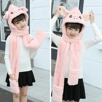 

Autumn And Winter Children's Cartoon Animal Embroidery Scarf Hat Gloves Set Warm Ear Protector
