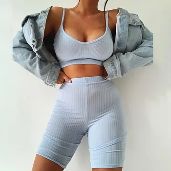 

2020 Summer Women Sport Fitness 2 Two Piece Set Outfits Tank Crop Tops Tshirt Shorts Pants Set Bodycon Solid Tracksuit