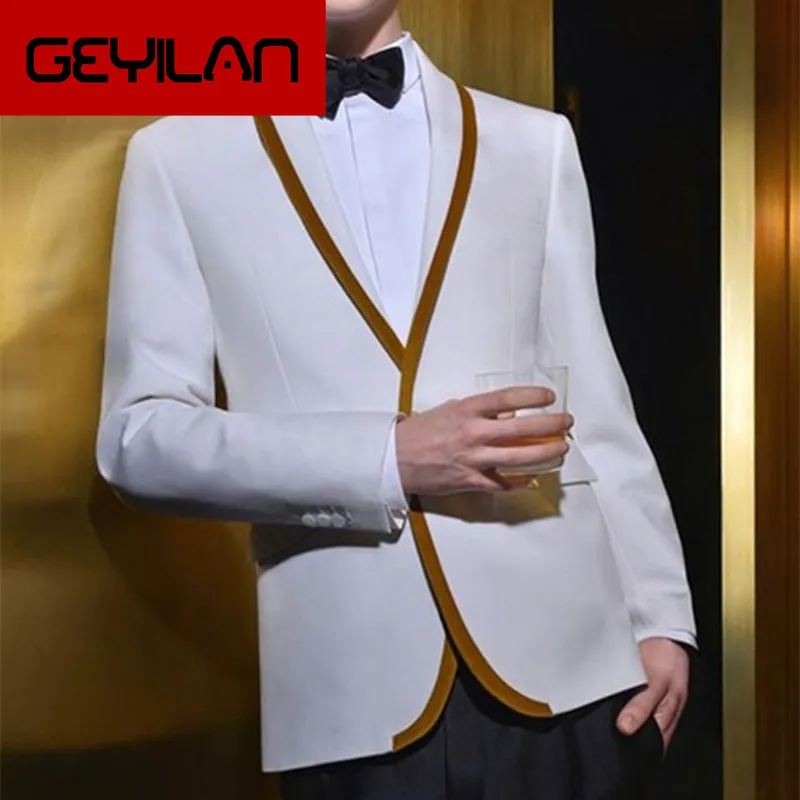 

Latest Coat Pant Designs White Gold Trim Tuxedo jacket Prom Men Suit Slim Fit Custom 2 Piece Suits Groom Blazers Terno Masculino