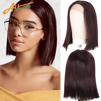 

Allaosify Dark red Color Synthetic Hair Lace Front Wigs with Baby Hair Straight Hair Short BoB Lace Wigs with Pre Plucked