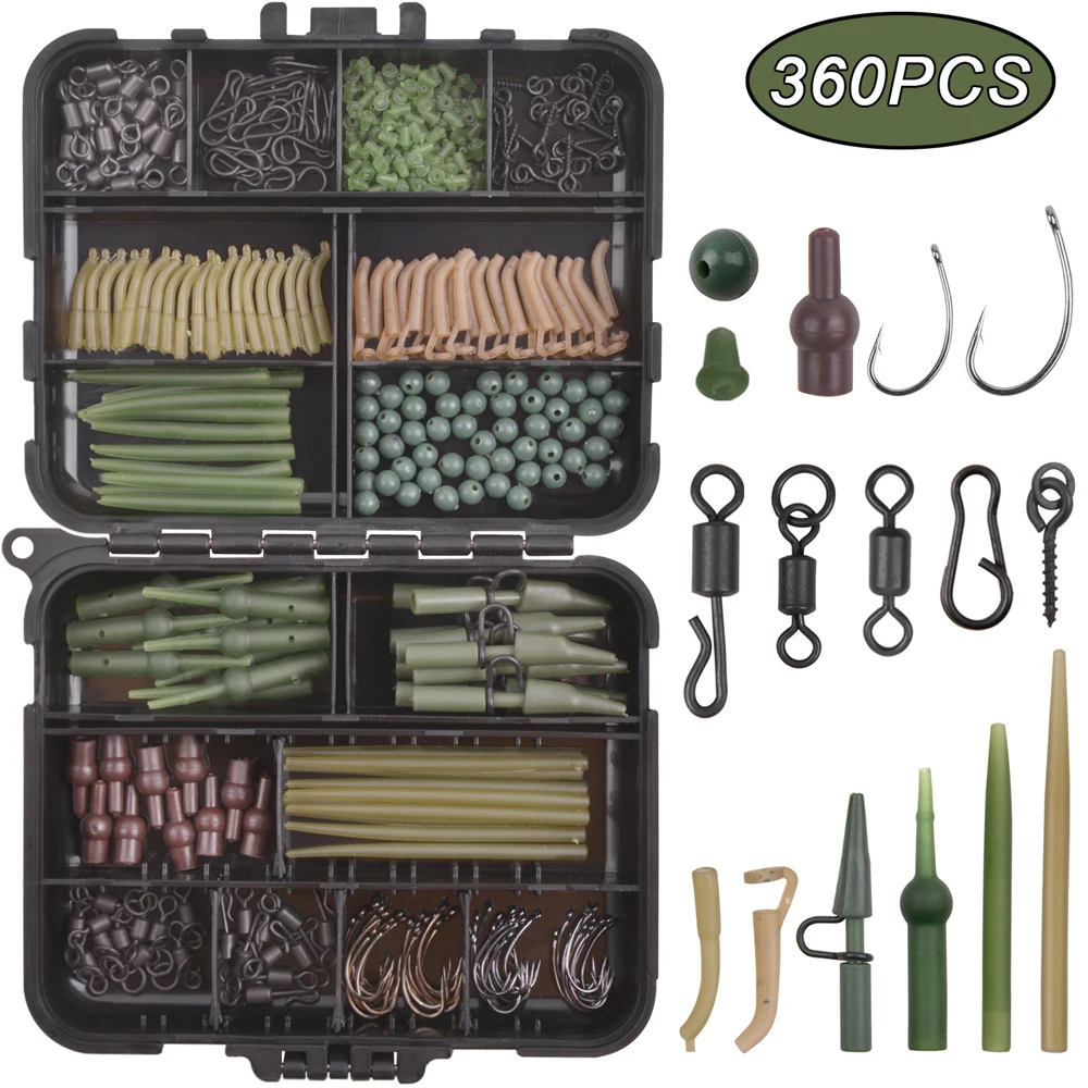 

360Pcs/Box Carp Fishing Tackle Kit Including Rolling Swivels Snaps Hooks Anti Tangle Sleeves Hook Stop Beads Boilie Bait Screw