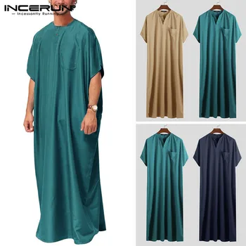 

INCERUN Plus Size Men Robe Crew Half Sleeve Solid Color Loungewear Vintage Casual Mens Muslim Arab Kaftan Long Pullove Tops