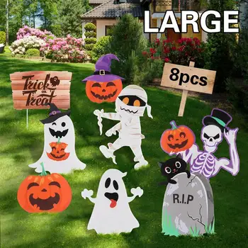 

8pcs Durable Creative Waterproof Halloween Yard Signs Yard Stakes for Party Decoration Lawn Outdoor Park