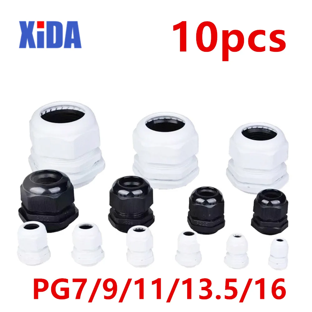 

10pcs IP68 PG7 for 3-6.5mm PG9 PG11 PG13.5 PG16 PG19 Wire Cable CE White Black Waterproof Nylon Plastic Cable Gland Connector