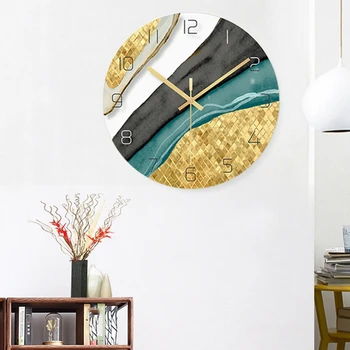 

Nordic Decorative Marble Printing Wall Clocks Silent Quartz Circular Glass Hanging Clock Modern Design Multi-Colored Home Decor