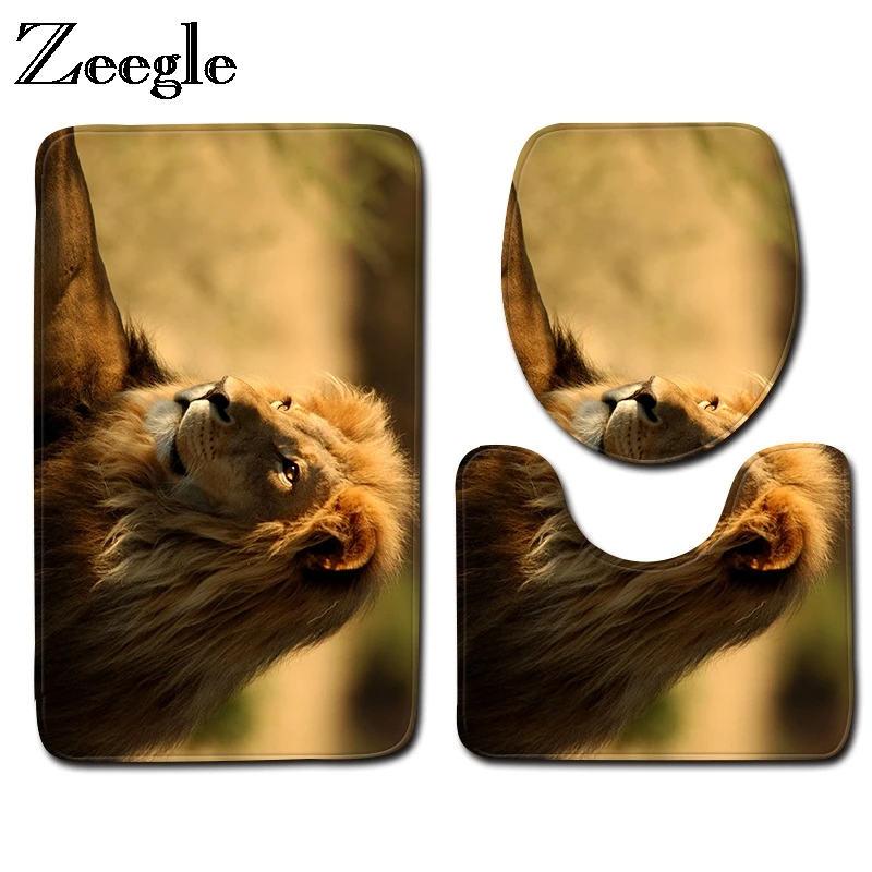 Zeegle Lion Pattern Bathroom Carpets Set 3pcs Bath Mat Set Anti-slip Mat For Bathroom Absorbent Bathroom Rugs Toilet Lid Cover
