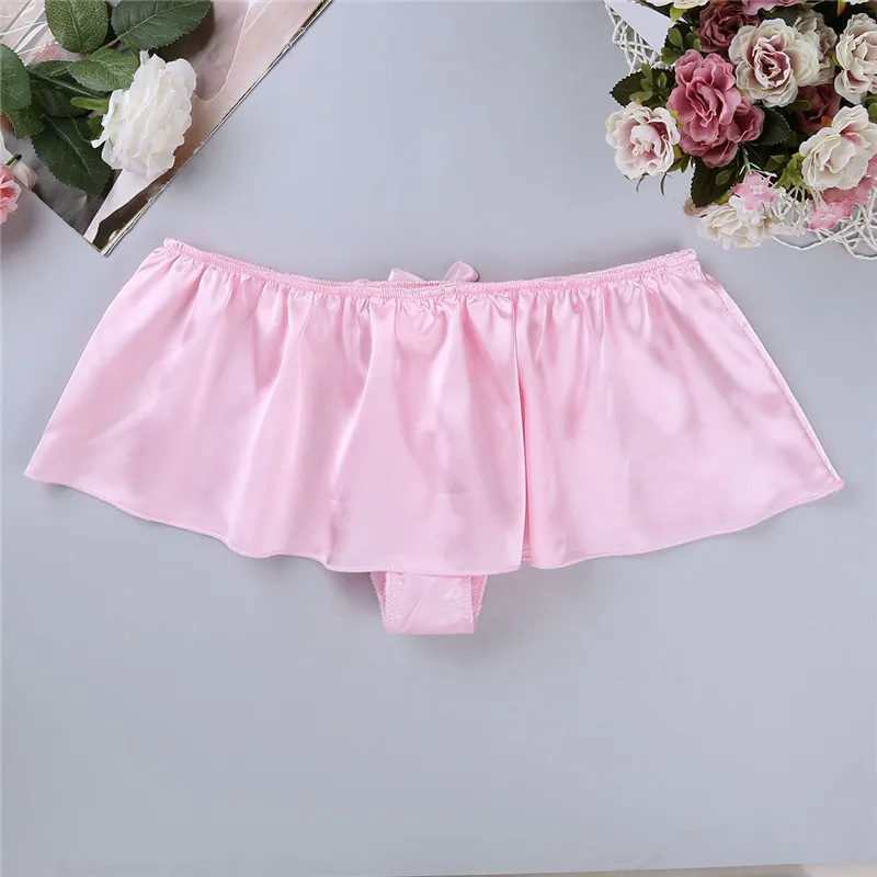 Mens Sissy Lingerie Soft Shiny Satin Sissy Skirted G-string Thong Underwear Male Homme Sexy Panties Sexy Gay Panties Underpants