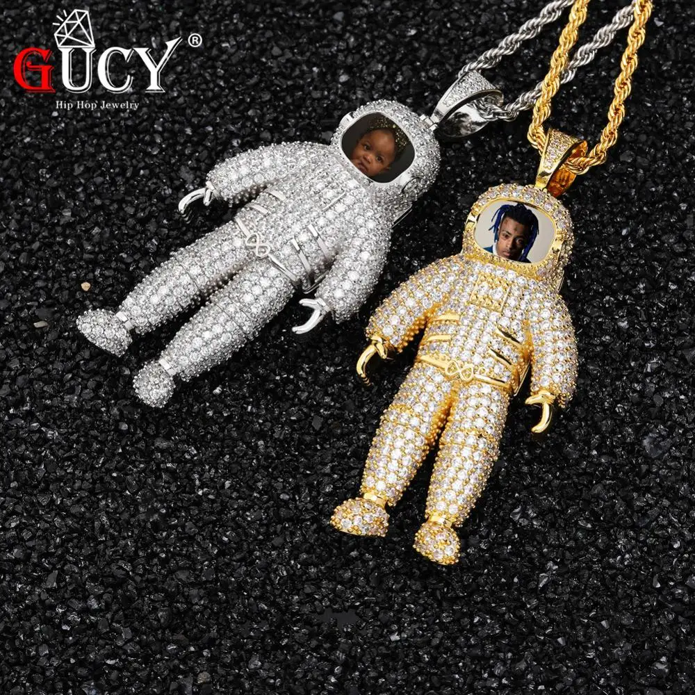 

GUCY Custom Made Photo The astronauts Necklace & Pendant with Tennis Chain Gold Silver Color Cubic Zircon Men's Hip hop Jewelry