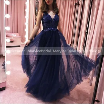 

Dark Navy Beaded Appliques Prom Dress 2020 Deep V Neck Sparkle Tulle Girls Formal Party Gowns Long Suknia Balowa Made To Measure