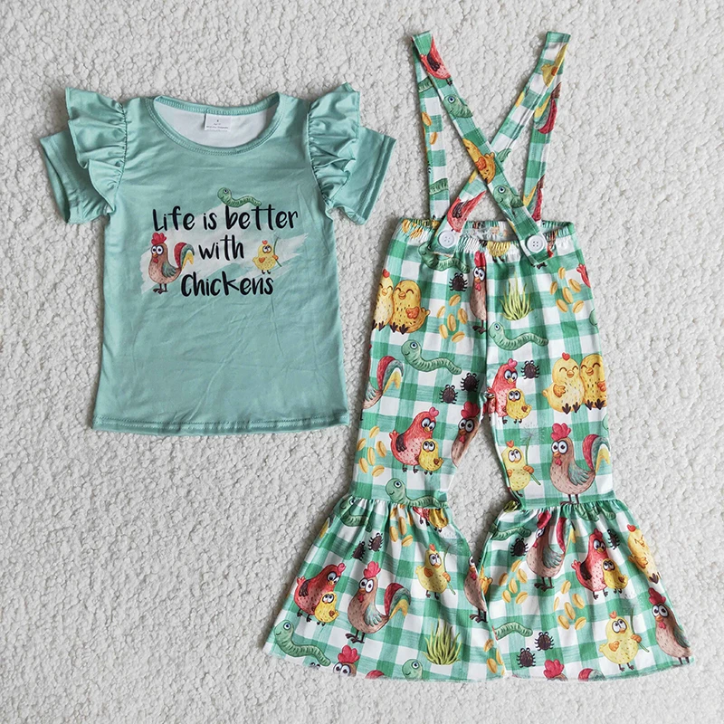 Conjunto de ropa para niños y niñas, verde, la vida es con pollos, pantalones cuadros con campanas, monos, venta al por mayor|set de ropa| - AliExpress