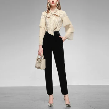

Seifrmann Women Autumn Fashion Designer Pants Set Long Sleeve Bow Velvet Tops + High Waist Bodycon Pants 2 Two Pieces Suits 2020