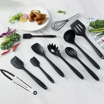 

10/11pcs Silicone Non-stick Cooking Utensils Set Black Red Solid Kitchenware Kit Kitchen Dinnerware Set Cooking Tool Accessories