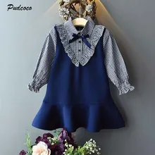 Брендовое осеннее платье принцессы для маленьких девочек клетчатое платье трапециевидной формы с оборками до колена и бантом детское Повседневное платье